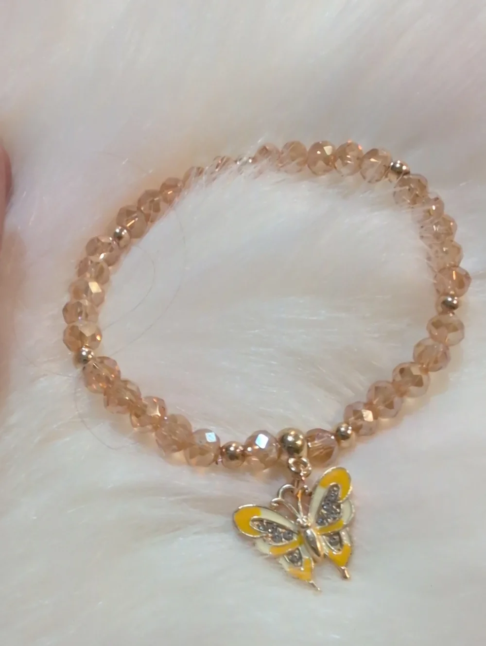 Crystal Bead Stretch Bracelet with Yellow Butterfly Charm